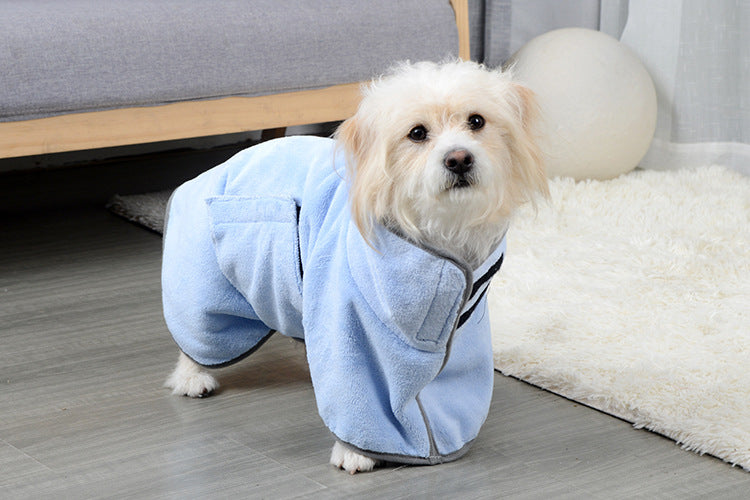 Dog wearing the blue Dryden drying robe, front view