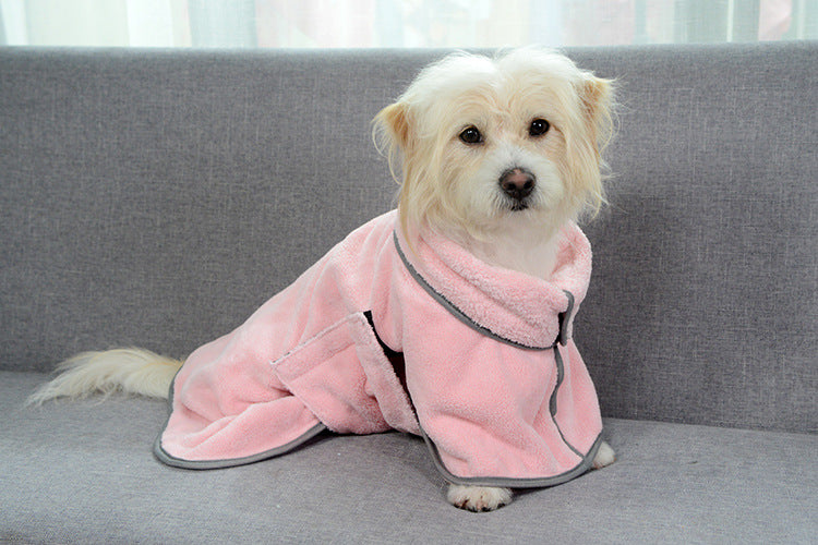 Dog wearing the pink Dryden drying robe, front view