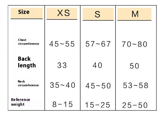 Supplier size chart for XS S M dog drying robe