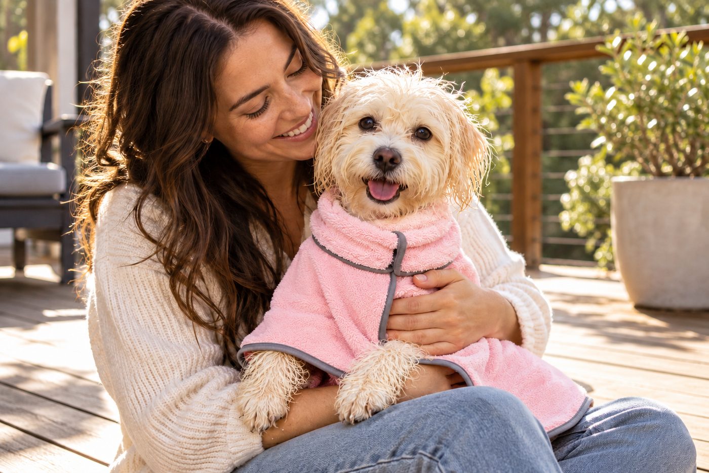 Smiling owner hugging a damp cavoodle in the pink Dryden robe